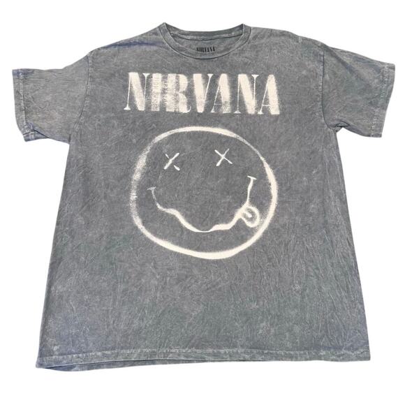 Nirvana Nevermind Dead Smiley Gray Grunge Band Short Sleeve T-Shirt Sz L - Picture 1 of 7
